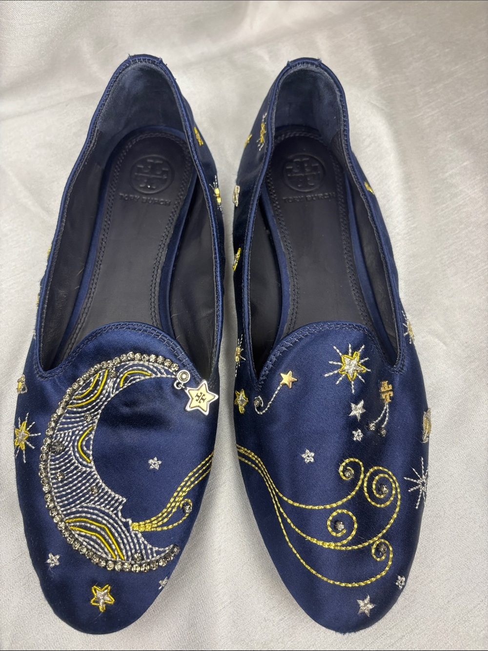 Tory Burch Navy Satin Celestial Embroidered Flats
